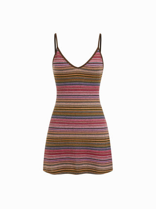 Knit V-neck Striped Flared Mini Dress