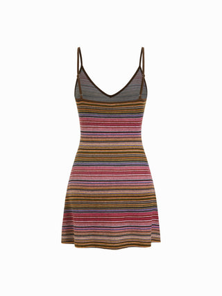 Knit V-neck Striped Flared Mini Dress