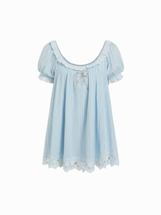 Cotton-blend Floral Graphic Scoop Neck Puff Sleeve Lace Babydoll Mini Dress