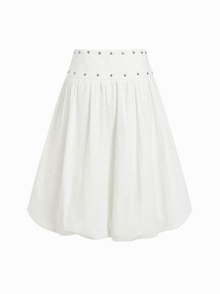 Cotton Mid Rise Metal Detail Bubble Hem Midi Skirt