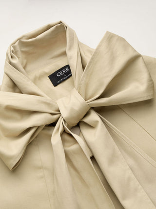 Cotton-blend Asymmetrical Neck Lantern Sleeve Bowknot Oversized Trench Coat