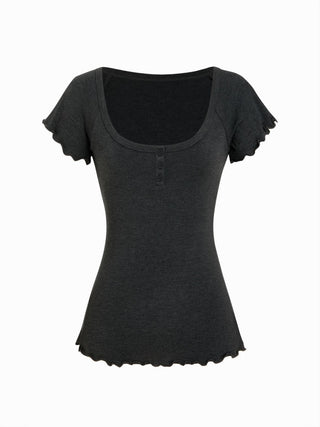 Cotton-blend Scoop Neck Ruffle Sleeve Lettuce Trim Tee