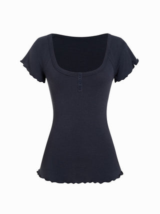 Cotton-blend Scoop Neck Ruffle Sleeve Lettuce Trim Tee