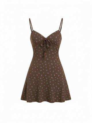 Cotton Floral Sweetheart Textured Bowknot Flared Mini Dress