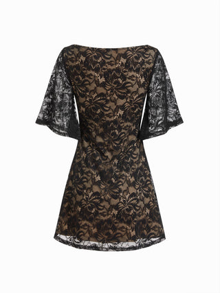 Lace Floral Boat Neck Bell Sleeve A-line Mini Dress