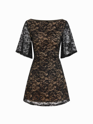 Lace Floral Boat Neck Bell Sleeve A-line Mini Dress