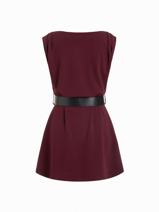 Boat Neck Ruched Belted A-line Mini Dress