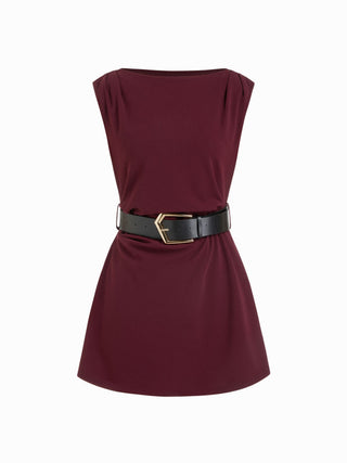 Boat Neck Ruched Belted A-line Mini Dress