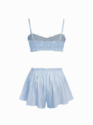 Satin Sweetheart Ruched Bralette & High Rise Wide Leg Shorts Loungewear Set