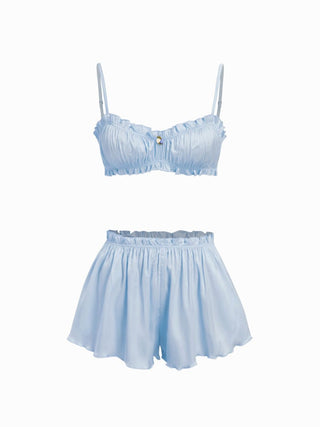 Satin Sweetheart Ruched Bralette & High Rise Wide Leg Shorts Loungewear Set