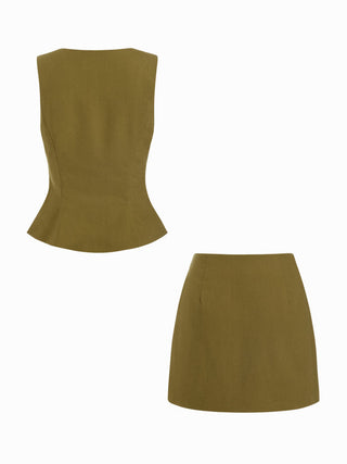 Linen-blend Square Neck Peplum Top & Mid Rise Mini Skirt Set