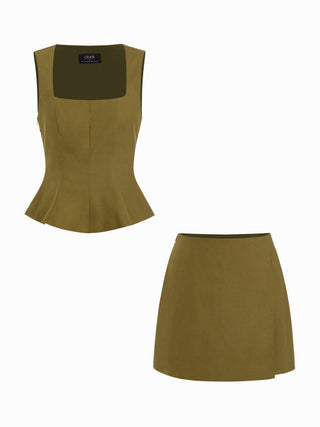 Linen-blend Square Neck Peplum Top & Mid Rise Mini Skirt Set