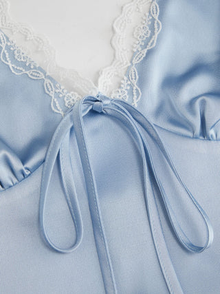 Satin V-neck Lace Panel Bowknot Ruched A-line Mini Dress
