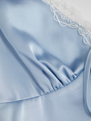 Satin V-neck Lace Panel Bowknot Ruched A-line Mini Dress