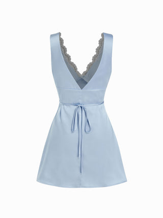 Satin V-neck Lace Panel Bowknot Ruched A-line Mini Dress