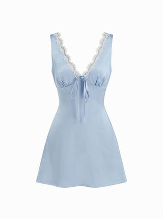 Satin V-neck Lace Panel Bowknot Ruched A-line Mini Dress
