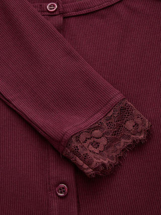 Ribbed Scoop Neck Lace Trim Long Sleeve Top