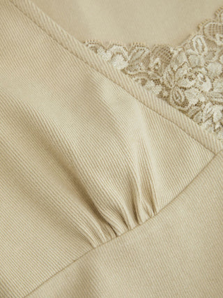 Cotton-blend V-neck Middle Sleeve Lace Trim Ruched Tee