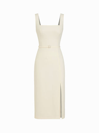 Square Neck Metal Detail Split Straight Midi Dress With Belt