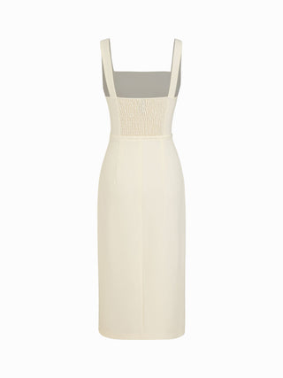 Square Neck Metal Detail Split Straight Midi Dress With Belt