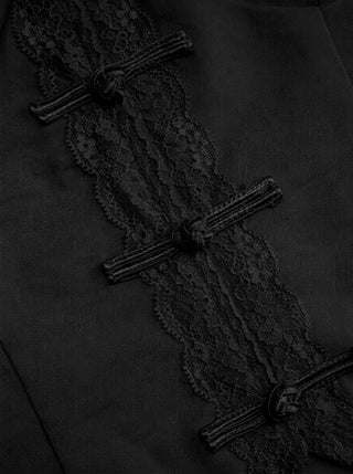 Cotton-blend Stand Collar Puff Sleeve Lace Trim Bowknot Cut Out Blouse