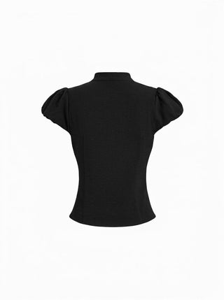 Cotton-blend Stand Collar Puff Sleeve Lace Trim Bowknot Cut Out Blouse