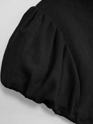 Cotton-blend Stand Collar Puff Sleeve Lace Trim Bowknot Cut Out Blouse