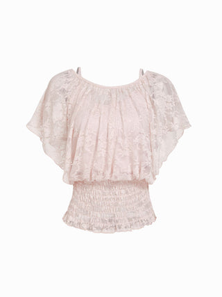 Lace Boat Neck Shirred Short Sleeve Ruffle Hem Top