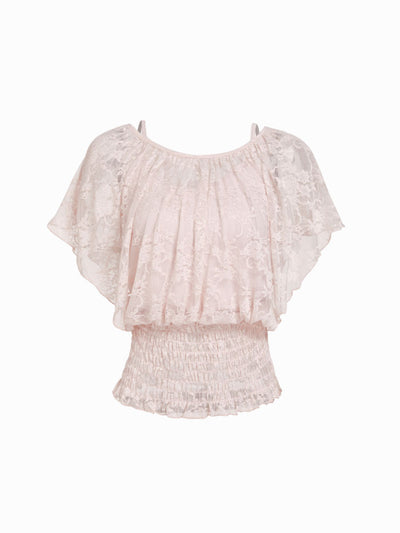 Lace Boat Neck Shirred Short Sleeve Ruffle Hem Top