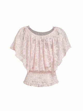 Lace Boat Neck Shirred Short Sleeve Ruffle Hem Top