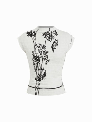 Textured Bamboo Leaf Graphic Stand Collar Sleeveless Tank Top