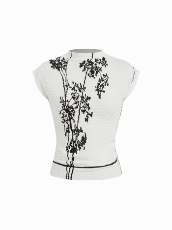 Textured Bamboo Leaf Graphic Stand Collar Sleeveless Tank Top