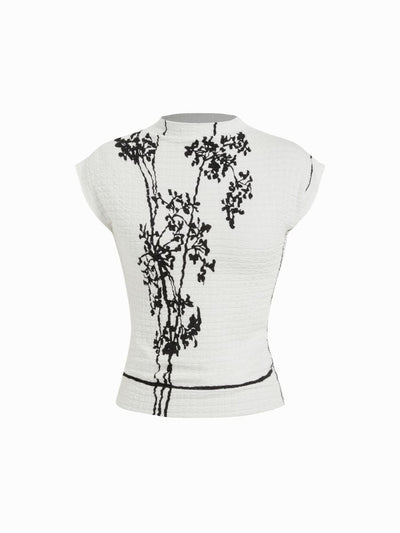 Textured Bamboo Leaf Graphic Stand Collar Sleeveless Tank Top