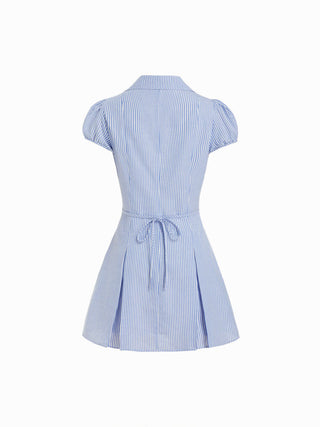 Cotton-Blend Striped Polo Neck Puff Sleeve Shirt Mini Dress