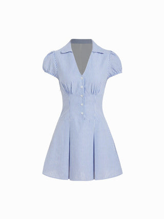 Cotton-Blend Striped Polo Neck Puff Sleeve Shirt Mini Dress