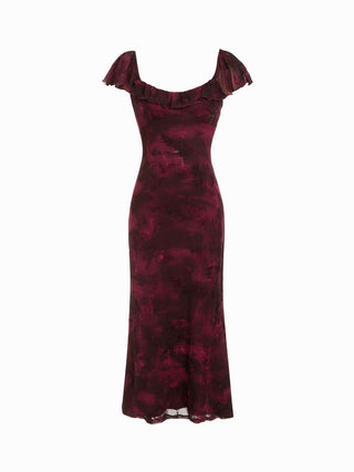 Mesh Flocking Floral Graphic Square Neck Ruffled Mermaid Maxi Dress