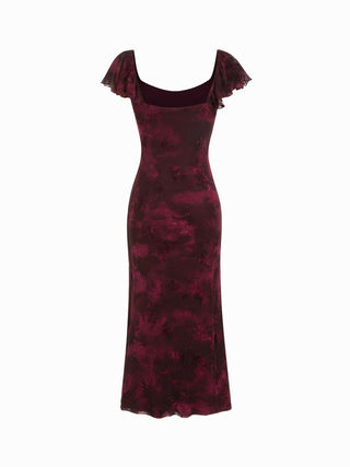 Mesh Flocking Floral Graphic Square Neck Ruffled Mermaid Maxi Dress