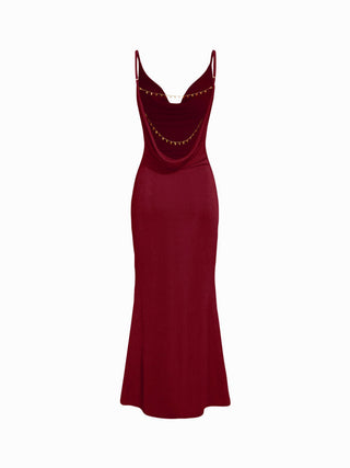 Cowl Neck Backless Chain Detail Cami Mermaid Maxi Dress