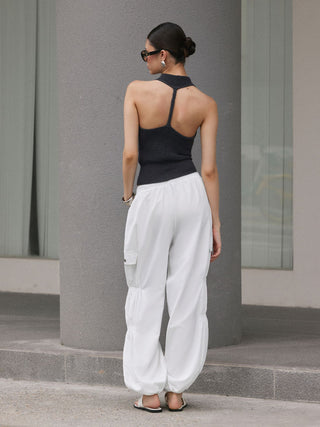 Mid Rise Ruched Drawstring Cargo Jogger Trousers