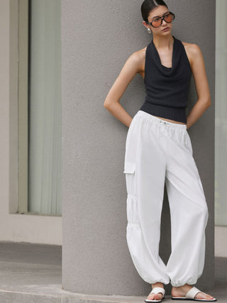 Mid Rise Ruched Drawstring Cargo Jogger Trousers
