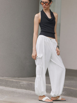 Mid Rise Ruched Drawstring Cargo Jogger Trousers