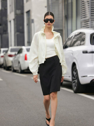Funnel Neck Drawstring Zip Through Lantern Sleeve Oversized Windbreaker Jacket