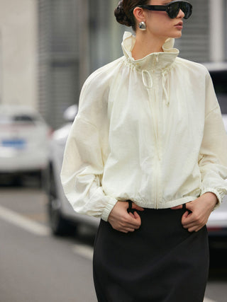 Funnel Neck Drawstring Zip Through Lantern Sleeve Oversized Windbreaker Jacket