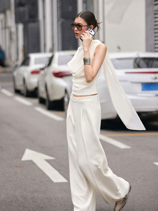 Cowl Neck Draped Cloak Sleeve Slim Tank Top With Scarf