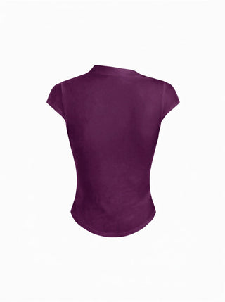 Cotton-blend Stand Collar Ruched Short Sleeve Tee