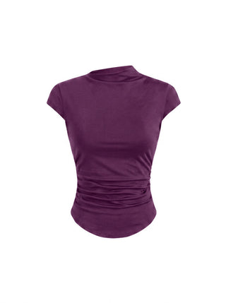 Cotton-blend Stand Collar Ruched Short Sleeve Tee