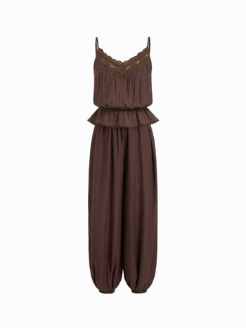 Textured V-neck Lace Trim Peplum Hem High Rise Barrel-leg Jumpsuit