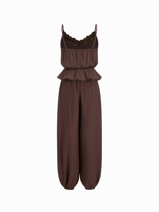 Textured V-neck Lace Trim Peplum Hem High Rise Barrel-leg Jumpsuit