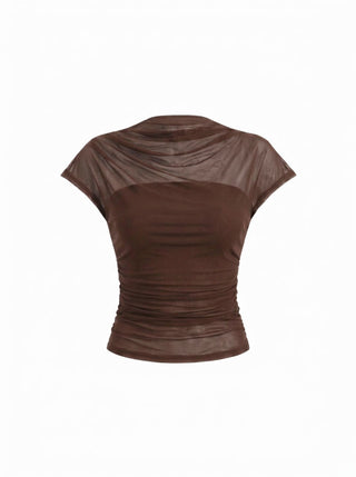 Mesh High Neck Sleeveless Draped Ruched Top