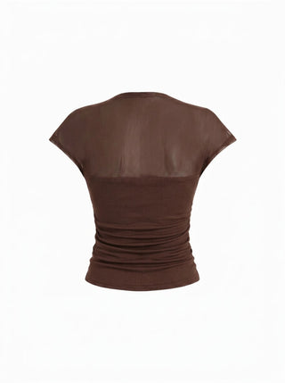 Mesh High Neck Sleeveless Draped Ruched Top